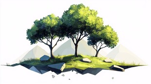 三棵绿树屹立山间草地