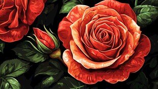 艳丽红玫瑰与绿叶特写