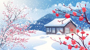 雪中美居旁红梅绽放