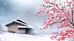 雪中木屋旁的绽放红梅