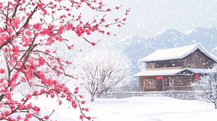 雪中美宅旁绽放的红梅