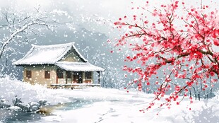 雪中日式小屋与绽放红梅