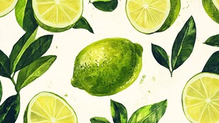 清新水彩青柠与绿叶图案