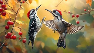 两只啄木鸟于秋景中互动