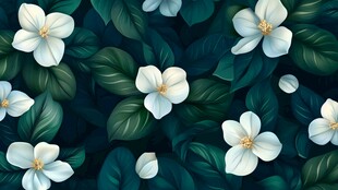 清新白花朵与绿叶图案