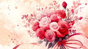 浪漫手绘粉色玫瑰花卉束