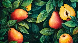 梨与桃的绿叶间清新画面