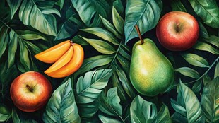 绿叶间的多彩新鲜水果