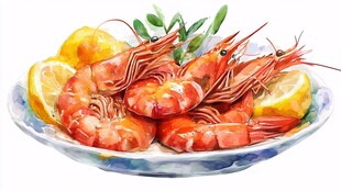 水彩绘盘中鲜虾配柠檬