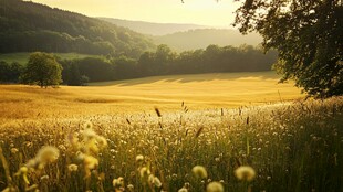 夕阳下的金黄田野与花丛