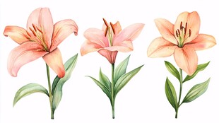 三朵柔美水彩粉色百合花