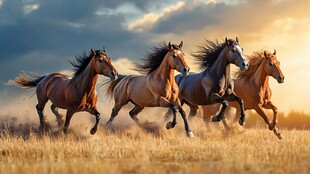 骏马在草原上奔腾的壮丽景象