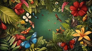 梦幻热带花丛中的蝶与虫