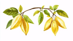 金黄可可果枝叶插画