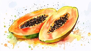 水彩画中的两半新鲜木瓜