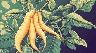 手绘的金黄番薯与绿叶