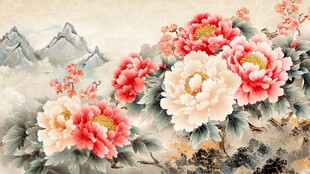 国画牡丹山水图