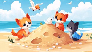 沙滩上的萌宠与小鸟嬉戏