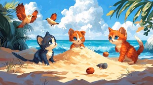 沙滩上玩耍的可爱猫咪们