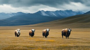 草原牦牛漫步壮丽山川