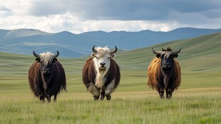 草原上奔跑的三头牦牛