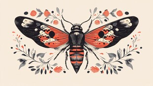 手绘花卉旁的独特花纹昆虫