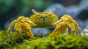 黄色螃蟹立于翠绿苔藓上