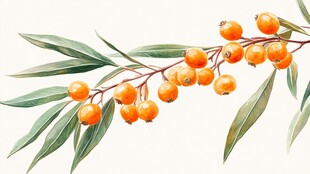 沙棘果枝叶水彩画特写