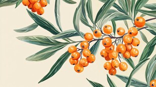 沙棘枝叶果实水彩插画