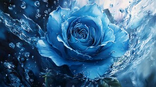 蓝色玫瑰绽放于水花间
