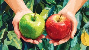 手中红绿双苹果