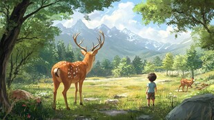 孩童与鹿的山林奇遇