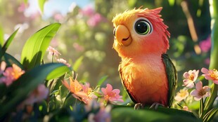 花丛中的可爱鹦鹉