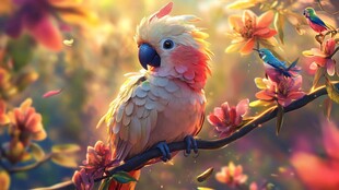 鹦鹉栖繁花间色彩绚丽