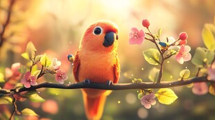 橙鹦鹉栖于繁花枝头