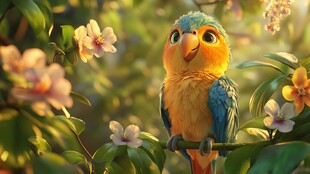 彩羽鹦鹉栖于繁花绿叶间