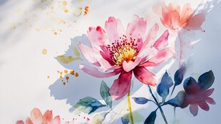 水彩风绽放的娇艳粉色花朵