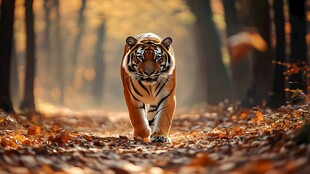 秋日森林中独行的斑斓猛虎