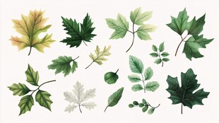 水彩绘多彩叶片集合