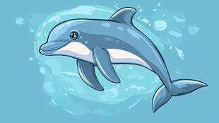 卡通海豚在蓝色海洋中游弋
