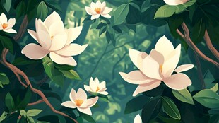 玉兰花绽放于翠绿枝叶间