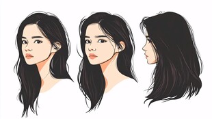 长发女性多角度肖像插画