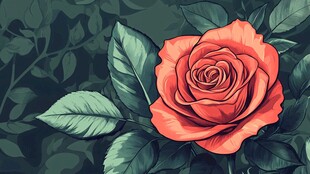 单枝红玫瑰与绿叶插画