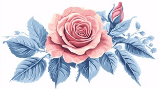 粉色玫瑰与蓝叶花卉插画