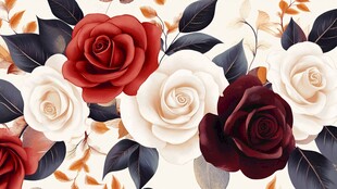 多彩玫瑰与叶片的唯美组合