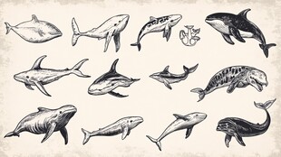 手绘海洋鲸豚类动物集合
