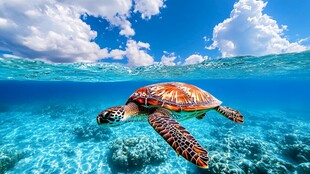 海龟在清澈海水中悠然游弋