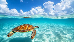 海龟畅游于清澈碧海蓝天