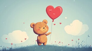 小熊持爱心气球的温馨画面
