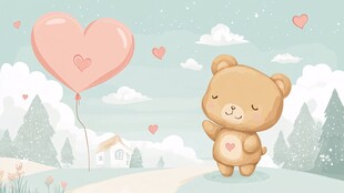 小熊与爱心气球的梦幻场景